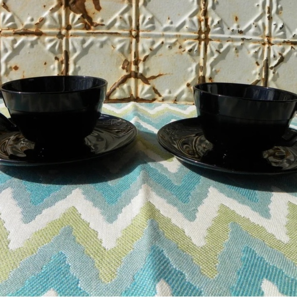 Hazel Atlas Black Cup and Saucer Depression Glass French Country Kitchen